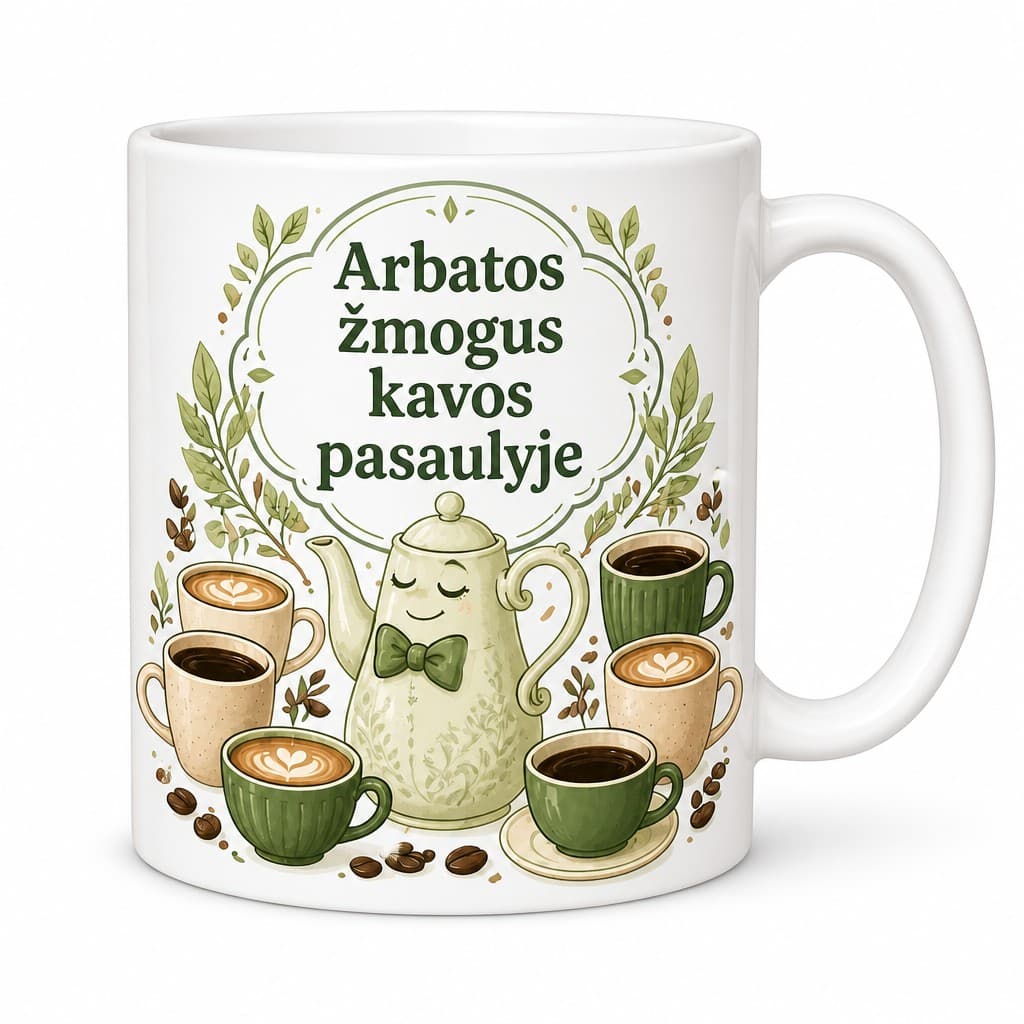 Puodelis su užrašu Arbatos žmogus kavos pasaulyje