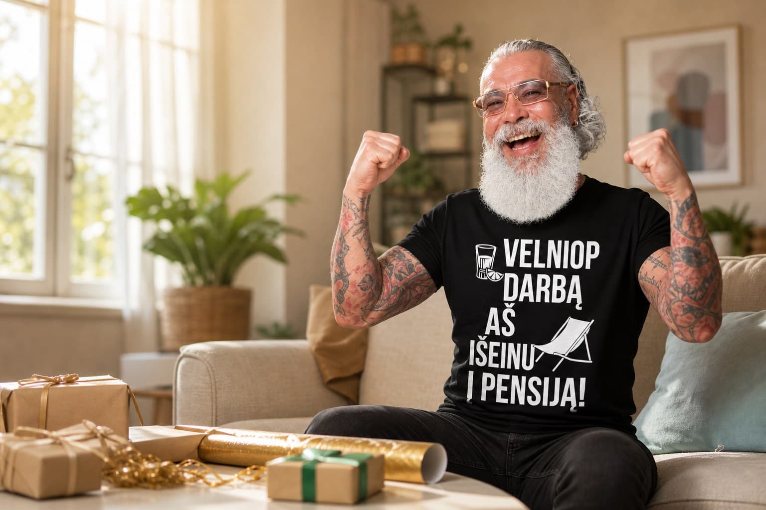 Vyras vilki marškinėlius su užrašu „Velniop darbą, aš išeinu į pensiją“.