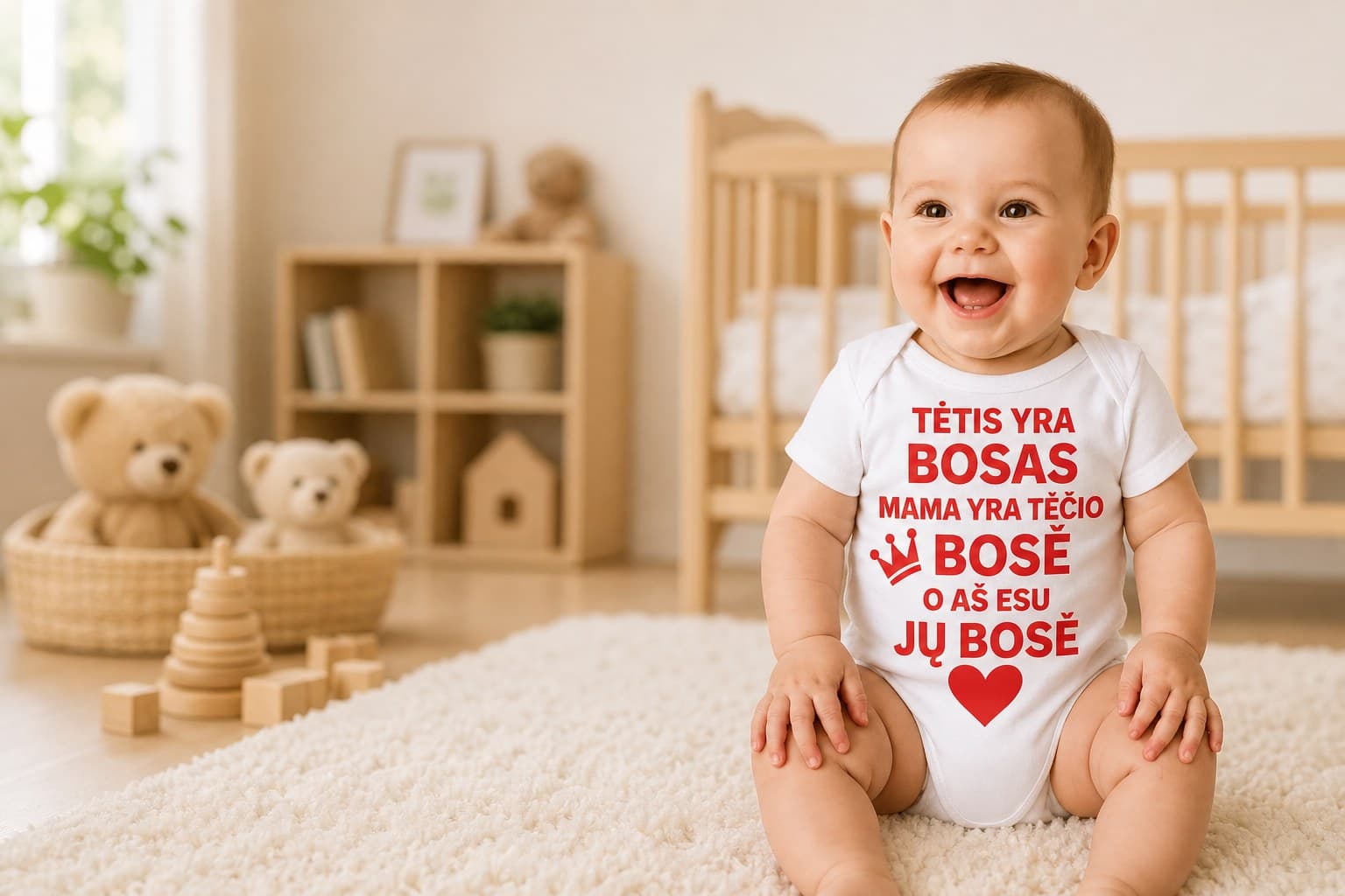 Kūdikis vilki bodžiuką su užrašu „Aš esu jų bosė“.